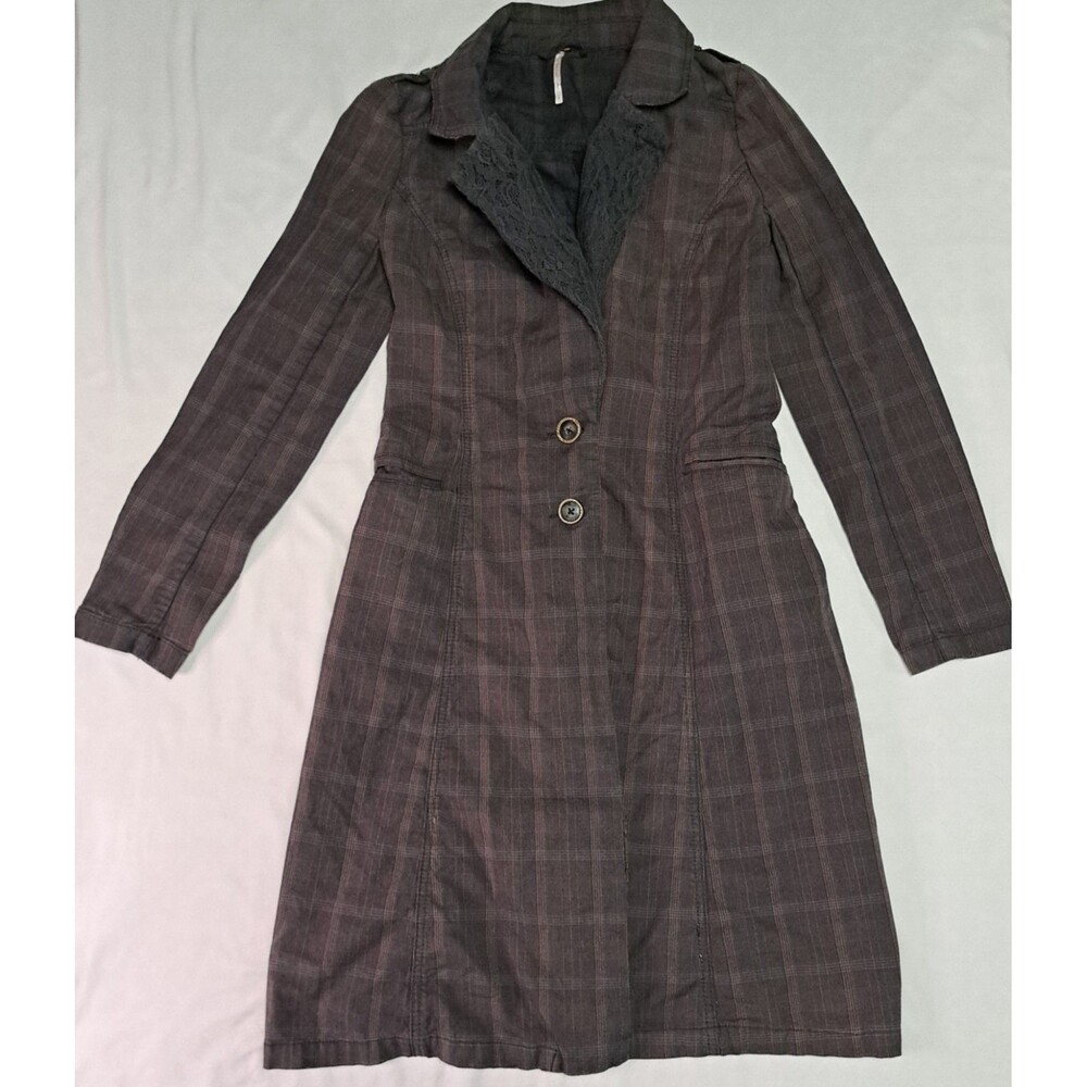 Free People Plaid‎ Gray Duster Trench Coat Women’s 4 Grunge Steampunk Victorian